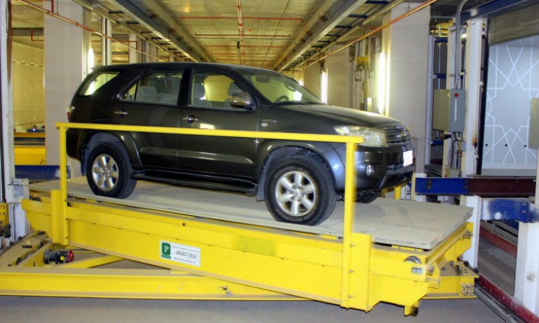 Inside an automated parking structure 